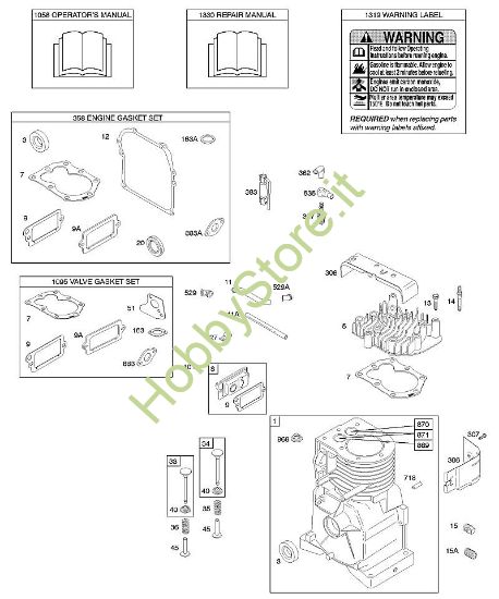 D - Albero a camme, cilindro, testata, set guarnizioni, manuale per l'uso, manuale riparazioni, etichetta di avvertenza B&S - 09 €¦ 091212-1356-E1 brand Stihl